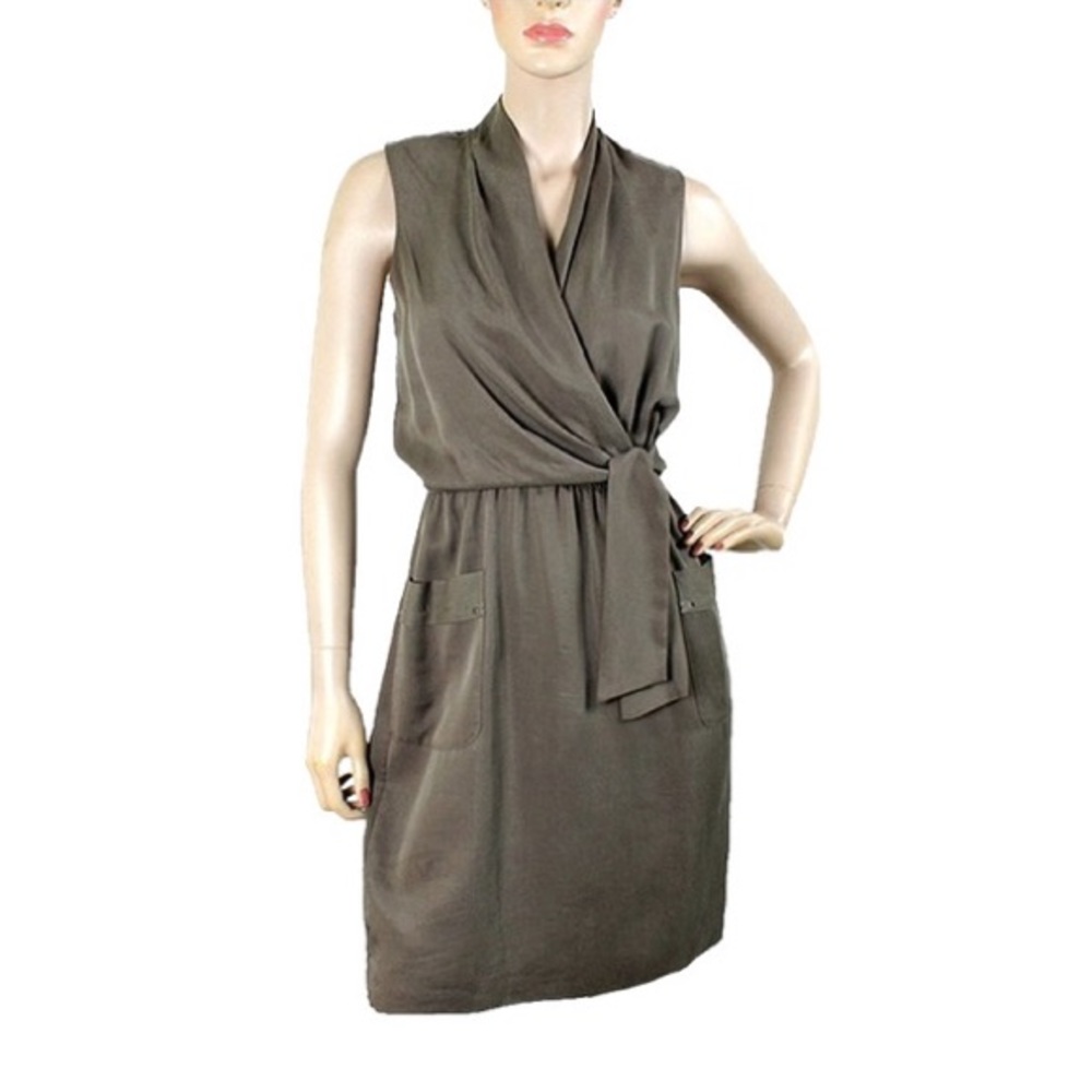 Army Green Elie Tahari Faux Wrap Sleeveless Dress